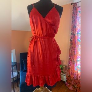Red, satin, ruffle, strappy, short slip dress